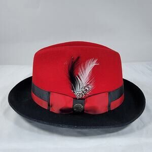 Bruno Capelo Caesar Collection Fedora Hat Large Red Black Wool Wide Brim Feather